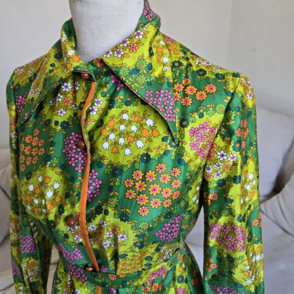 Vtg 60s Mod Mini Dress Psychedelic Floral Belted Button Front Youthquake Collar - Picture 3 of 11